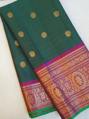 Peacock Green Gadwal Kanchi Saree with a magenta pink border