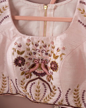 Brown Floral Chinnon saree with a contrast beige handwork blouse