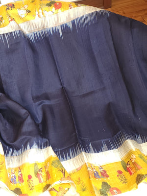 Light weight dupion saree in blue with contrast yellow kalamkari border