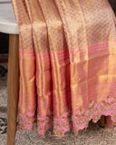 Gold kanjeevaram with contrast pink border and maggam work border