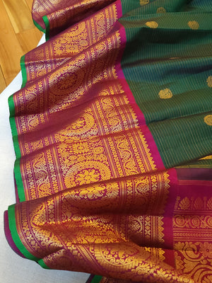 Peacock Green Gadwal Kanchi Saree with a magenta pink border