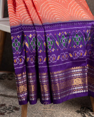Peach & Purple Twill Silk Saree with patola and kanchi border