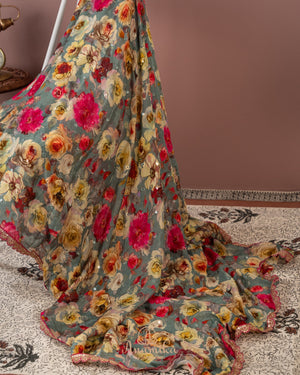 Grey Floral Chinnon saree with a contrast handwork blouse