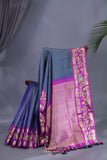 Blue and purple kanjeevaram with floral applique border
