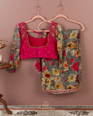 Grey Floral Chinnon saree with a contrast handwork blouse