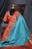 Aqua blue Gadwal saree with meenakari floral border in orange