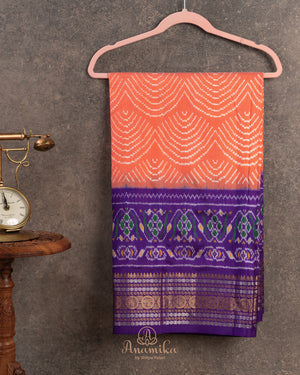 Peach & Purple Twill Silk Saree with patola and kanchi border