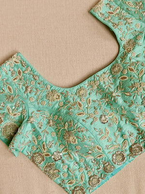 Pastel blue kanjeevaram with heavy bridal work blouse