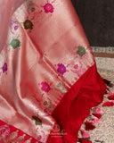 Pink Banarasi kora with a beautiful contrast red meenakari floral border