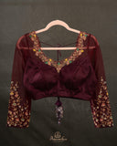 Brown blouse with 3/4th net sleeves and embroidery