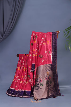 A beautiful floral Tusser Georgette - Tomato Red/Pink