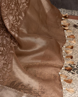 Organza saree in light brown with all over thread embroidery (Copy)