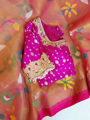 Peach Jamdaani saree with a beautiful bandini blouse