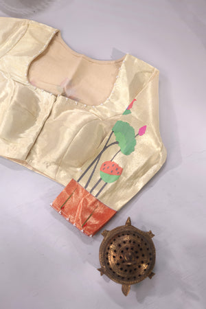 Pure paithani tissue blouse in cream with red muniya border
