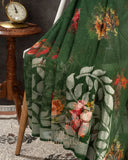 Dark forest green Handloom Lenin saree with digital floral prints