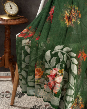 Dark forest green Handloom Lenin saree with digital floral prints