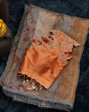 Organza tissue saree in a lovely combo of grey and light orange