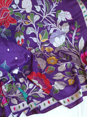 Tusser georgette saree in purple with all over floral weave and paired with pure paithani blouse