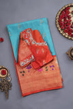 Aqua blue Gadwal saree with meenakari floral border in orange
