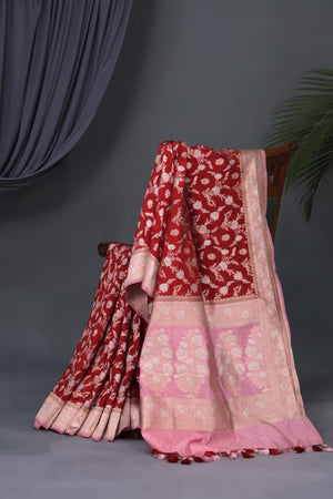 Rich Red and Blush Banarasi Silk Saree