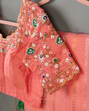 Peach Gadwal saree with peacock motifs