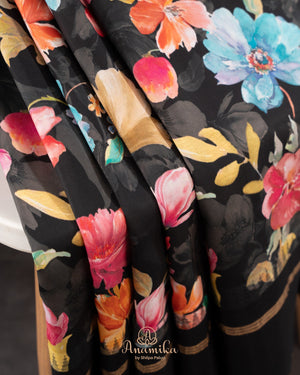 Floral kanchi soft silk saree in lovely black shade