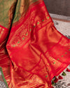 Royal Gadwal Pattu saree in a beautiful olive green and red combination