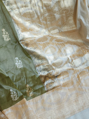 Banarasi tissue saree in a lovely sage green and ivory combo