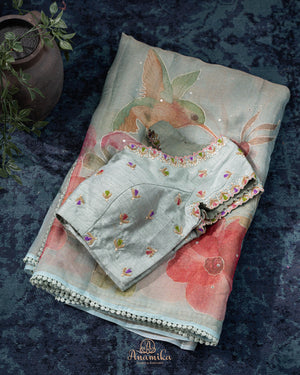 Tissue organza saree with hand painted floral appliq work