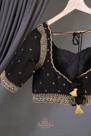 Black Chanderi Silk Saree with hand painted kalamkari border
