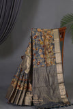 Kalamkari printed organza saree in dark grey