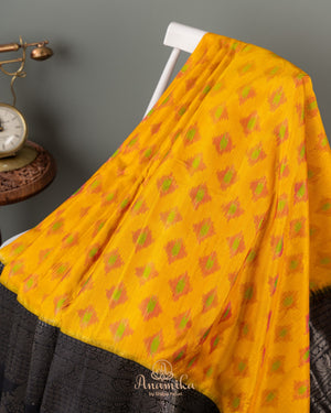 Kanchipuram soft silk saree with Ikkat pattern in yellow/black