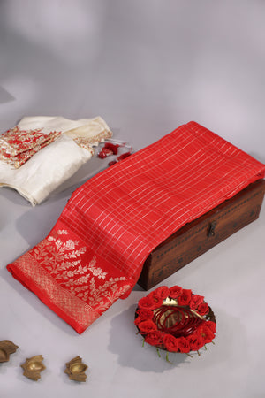 Elegant Raw Mango Pattu saree in a stunning red and white combo