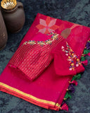 Muslin jamdaani saree in hot pink with floral weave and woven sequins