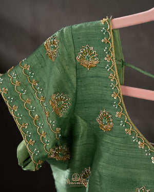 Parrot green blouse in short sleeves with gold zardosi work