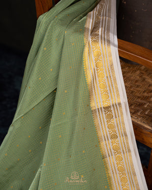 Pure mysore crepe silk saree in a beautiful shade of green and off white