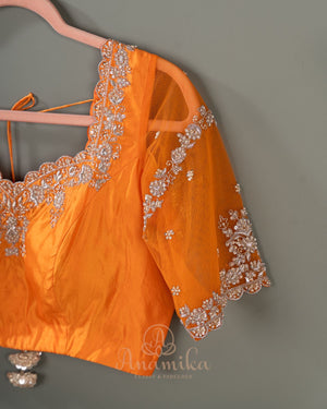 Orange Crush Tissue saree with a stunning net sleeves blouse