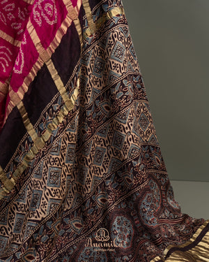 Pink Bandini gharchola saree with ajrak border and blouse