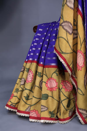 Royal Blue chanderi silk saree with hand painted kalamkari border