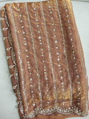Copper Brown tissue saree with all over sequins embroidery