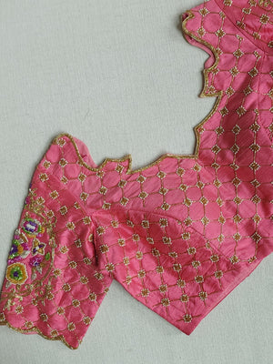 Peach Pink Banarasi saree with beautiful floral meena border