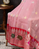 Pink Banarasi kora with a beautiful contrast red meenakari floral border