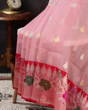 Pink Banarasi kora with a beautiful contrast red meenakari floral border