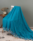 Peacock Blue Satin Organza saree with multi color cutdana work border