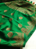 Banarasi Dupion saree in dark green with gold Zari border and motifs