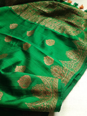 Banarasi Dupion saree in dark green with gold Zari border and motifs