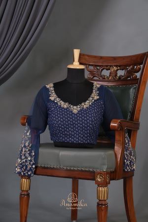 Mid night Blue Georgette saree with full sleeves blouse
