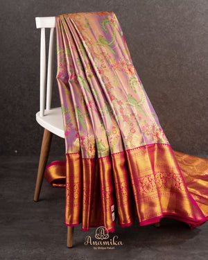 A  meenakari kanjeevaram saree in lavender and pink