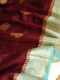 Banarasi Dupion silk saree in a lovely shade of burgundy and sea green