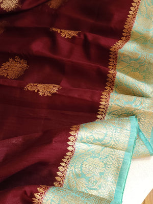 Banarasi Dupion silk saree in a lovely shade of burgundy and sea green